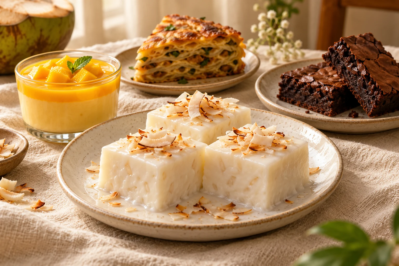 Illustrative coconut pudding, mango pudding, brownies and savoury chattipathiri
